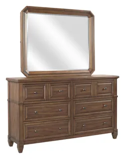 Brown wooden dresser with eight drawers and a matching rectangular mirror