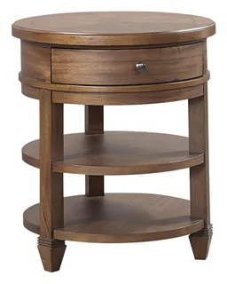 Round brown wooden end table with one drawer and two lower shelves